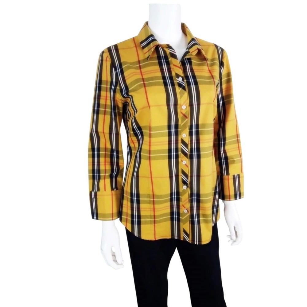 (B4) 7th Avenue New York & Company Yellow Plaid Button Down Shirt XL 3/4 Sleeve
